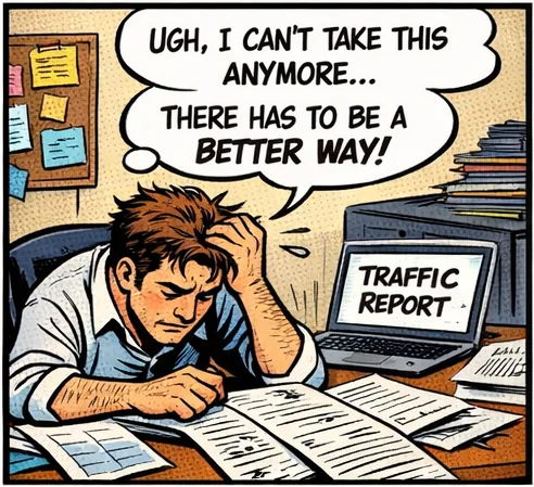 Exhausted marketer drowning in traffic reports