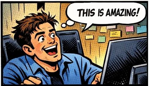 Excited marketer at his desk